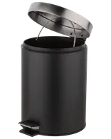 Rund svart pedalhink i metall med fotpedal för handsfree-öppning, avtagbar innerhink och gångjärnslock. Passar badrum eller små utrymmen. Matt yta.