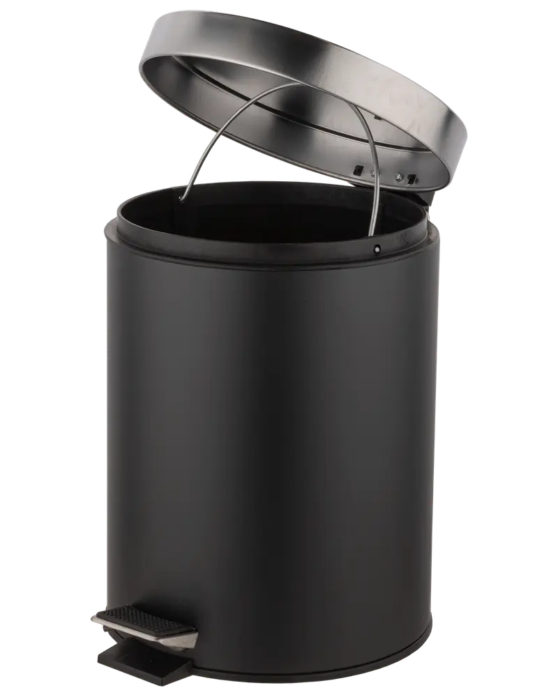 Rund svart pedalhink i metall med fotpedal för handsfree-öppning, avtagbar innerhink och gångjärnslock. Passar badrum eller små utrymmen. Matt yta.