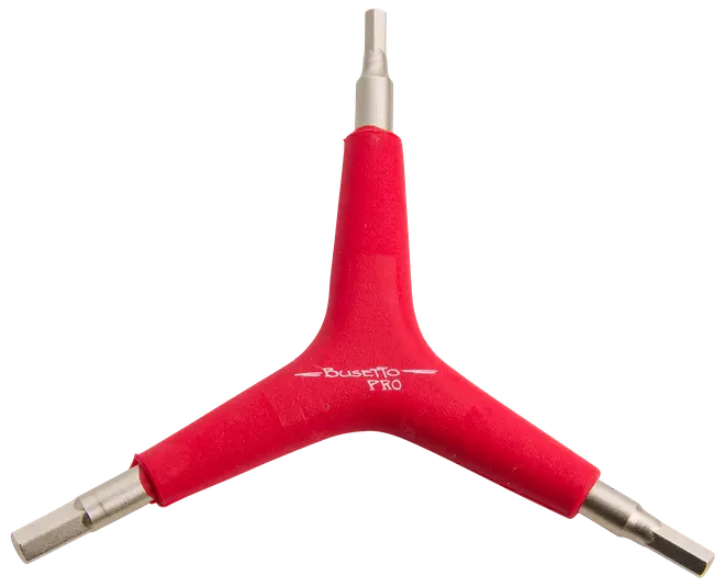 Rødt Y-formet unbrakonøgleværktøj med tre forskellige størrelser metalender, ergonomisk greb og "Busetto Pro" mærkning, ideel til cykel- eller mekanisk vedligeholdelse.
