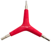 Rødt Y-formet unbrakonøgleværktøj med tre forskellige størrelser metalender, ergonomisk greb og "Busetto Pro" mærkning, ideel til cykel- eller mekanisk vedligeholdelse.