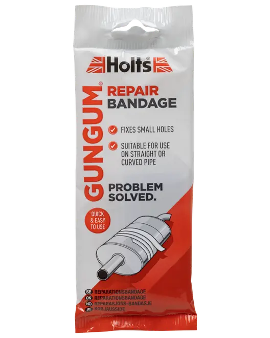 Holts Gun Gum reparationsbandage til reparation af små huller i udstødningsrør, egnet til lige eller buede rør. Hurtig og nem at bruge, leveres i forseglet pose.