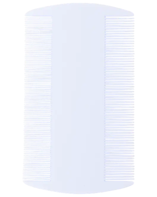 Vit plast lus-kam med två rader tätt sittande fina tänder, perfekt för att ta bort löss och ägg från hår. Kompakt, lätt och enkel att rengöra.
