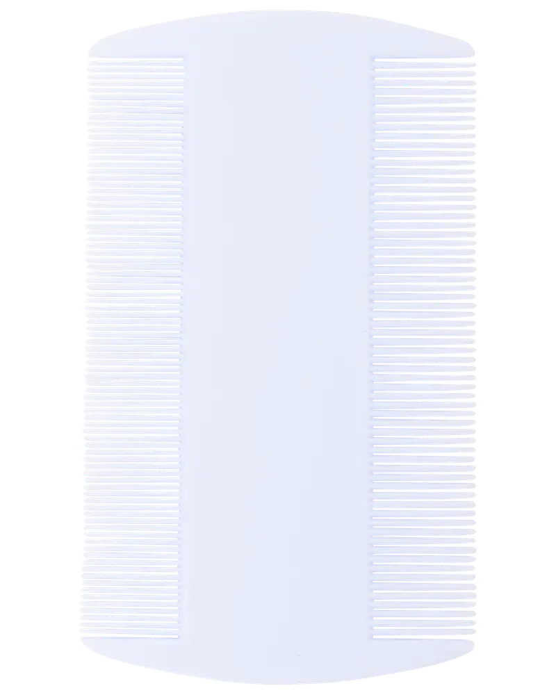 Vit plast lus-kam med två rader tätt sittande fina tänder, perfekt för att ta bort löss och ägg från hår. Kompakt, lätt och enkel att rengöra.