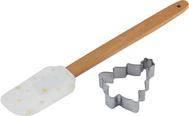 Sæt med en silikonespatel med træhåndtag, dekoreret med gule stjerner, samt en metaludstikker formet som et juletræ. Perfekt til bagning og julegodter.