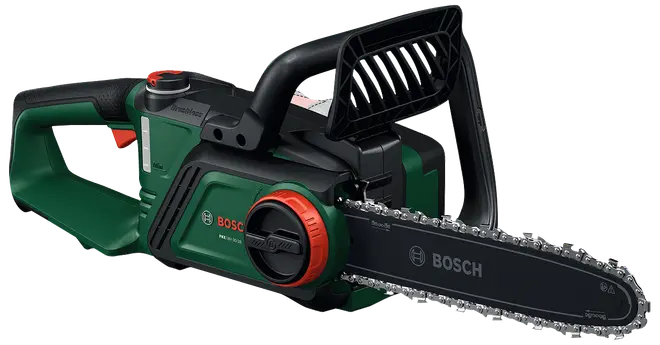 Bosch batteridrevet kædesav med ergonomisk håndtag, sikkerhedsbeskyttelse og nem kædespændingsknap. Kompakt design, grøn og sort, ideel til havearbejde og træskæring.