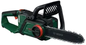 Bosch batteridrevet kædesav med ergonomisk håndtag, sikkerhedsbeskyttelse og nem kædespændingsknap. Kompakt design, grøn og sort, ideel til havearbejde og træskæring.