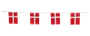Guirlande med fire rektangulære dannebrogsflag, røde med hvidt kors, lavet af let materiale, velegnet til festlig dekoration inde eller ude.