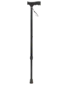 Sort justerbar stok med ergonomisk T-formet håndtag, gummifod for stabilitet og håndledsrem for sikkerhed. Letvægtsdesign, velegnet til daglig støtte.