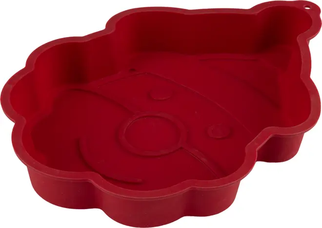 Rød silikone bageform formet som et tegneserie-bjørneansigt med detaljerede ansigtstræk. Fleksibel, non-stick, nem at rengøre og genanvendelig. Velegnet til kager og desserter.