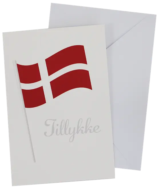 Hvidt lykønskningskort med illustration af Dannebrog og teksten 'Tillykke' i sølvskrift, leveres med hvid kuvert. Perfekt til festlige lejligheder.