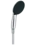 Håndbruser med slankt kromgreb og stort, rundt sort brusehoved med mange dyser for jævn vandfordeling. Moderne design, passer til de fleste bruseslanger.