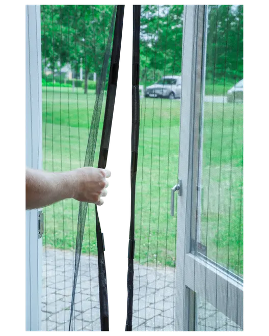 Magnetisk insektnet til dør, passer til standard dørkarme, holder insekter ude, lader frisk luft ind, nem at montere og fjerne, slidstærkt sort netmateriale.