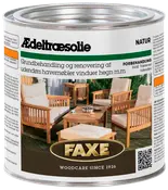 Dåse med FAXE ædeltræsolie til udendørs brug, velegnet til havemøbler, vinduer og hegn. Naturlig finish, beskytter og renoverer træoverflader. Klare instruktioner på etiketten.