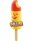 Farverig ispind med rød top, gul krop og smilende ansigt. Træpind som håndtag. Mærket 'Filur' vises nederst.