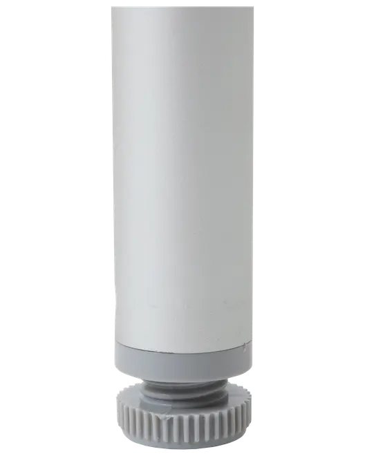 Justerbart cylindrisk møbelben i lysegråt metal med plastgevind i bunden til højdejustering. Velegnet til skabe, borde eller skriveborde. Enkelt, moderne design.
