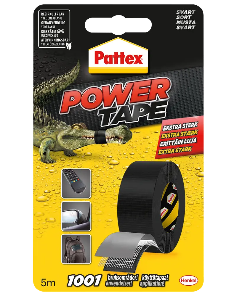 Pattex Power Tape, sort, 5 meter. Ekstra stærk, alsidig gaffatape til reparationer. Velegnet til forskellige overflader. Pakken viser tape og anvendelsesmuligheder.