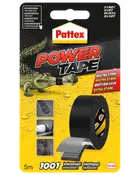 Pattex Power Tape, sort, 5 meter. Ekstra stærk, alsidig gaffatape til reparationer. Velegnet til forskellige overflader. Pakken viser tape og anvendelsesmuligheder.