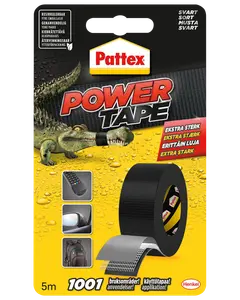 Pattex Power Tape, sort, 5 meter. Ekstra stærk, alsidig gaffatape til reparationer. Velegnet til forskellige overflader. Pakken viser tape og anvendelsesmuligheder.