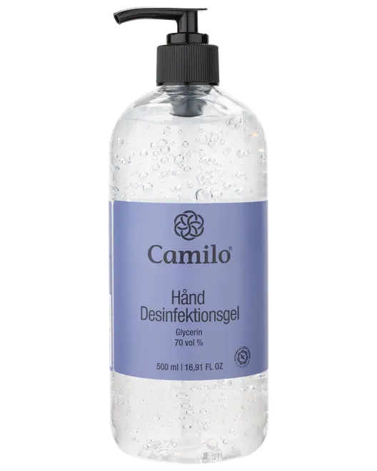 Klar handdesinfektionsgel med synliga bubblor, 500 ml pumpflaska. Innehåller glycerin, 70% alkohol. Blå etikett med Camilo-logotyp och produktinformation på danska.