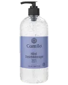 Klar hånddesinfektionsgel med synlige bobler, 500 ml pumpeflaske. Indeholder glycerin, 70% alkohol. Blåt mærkat med Camilo-logo og produktinformation på dansk.