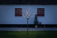 Dekorativt utomhusträd med varmvita LED-lampor på nakna grenar, metallstam, passar trädgård eller uteplats, väderbeständig, enkel installation, skapar festlig stämning.