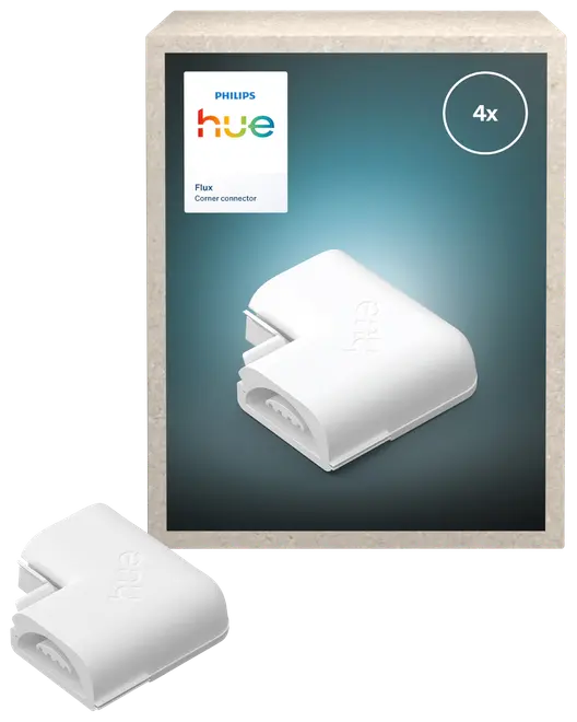 Philips Hue Flux hjørneforbinder, hvid, L-formet, til samling af LED-lysbånd i 90 graders vinkel. Pakken indeholder 4 forbindere. Glat plastoverflade.