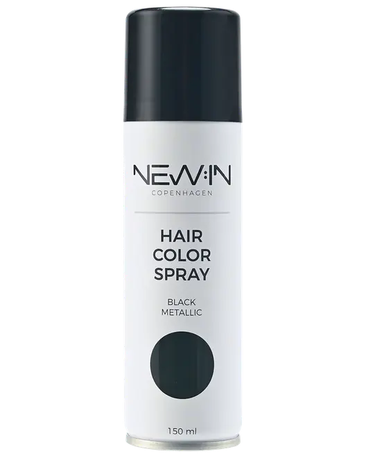 Hvid spraydåse med NEW:IN Copenhagen Hair Color Spray i Black Metallic, 150 ml, med mørk hætte og minimalistisk etiket.