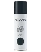 Hvid spraydåse med NEW:IN Copenhagen Hair Color Spray i Black Metallic, 150 ml, med mørk hætte og minimalistisk etiket.