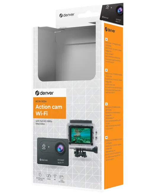 Denver actionkamera emballage, viser kamera med vandtæt etui, Wi-Fi funktion, Full HD 1080p foto/video, sort farve, produktbillede og specifikationer på hvid og orange æske.