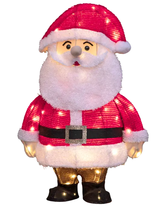 Oplyst julemanddekoration med rød hat og dragt, hvidt skæg og kant, sort bælte og lysende LED-lys over hele figuren.