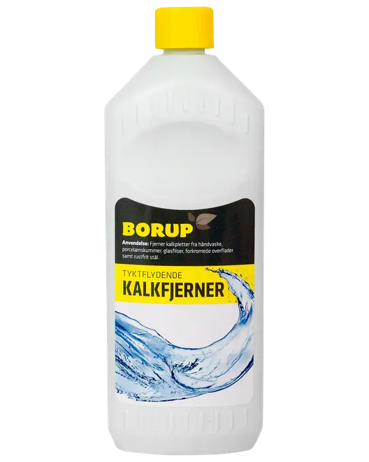Borup tyktflydende kalkfjerner i hvid plastflaske med gul låg, egnet til håndvaske, porcelæn, glasfliser, forkromede overflader og rustfrit stål. 1 liter.
