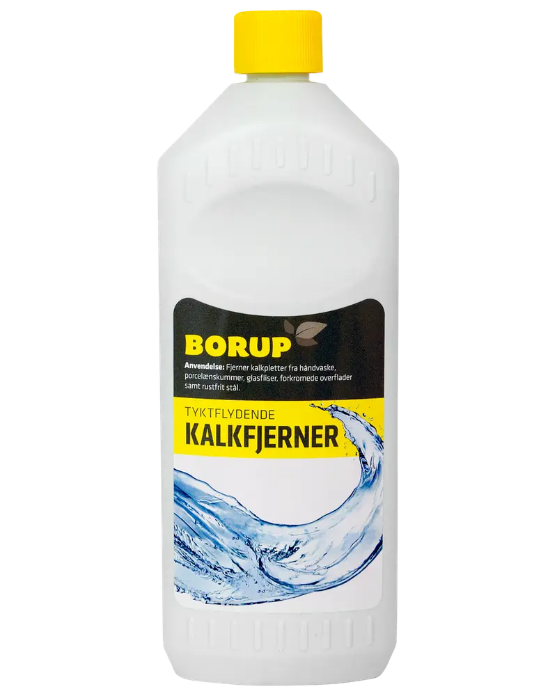 Borup tyktflydende kalkfjerner i hvid plastflaske med gul låg, egnet til håndvaske, porcelæn, glasfliser, forkromede overflader og rustfrit stål. 1 liter.