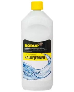 Borup tyktflydende kalkfjerner i hvid plastflaske med gul låg, egnet til håndvaske, porcelæn, glasfliser, forkromede overflader og rustfrit stål. 1 liter.
