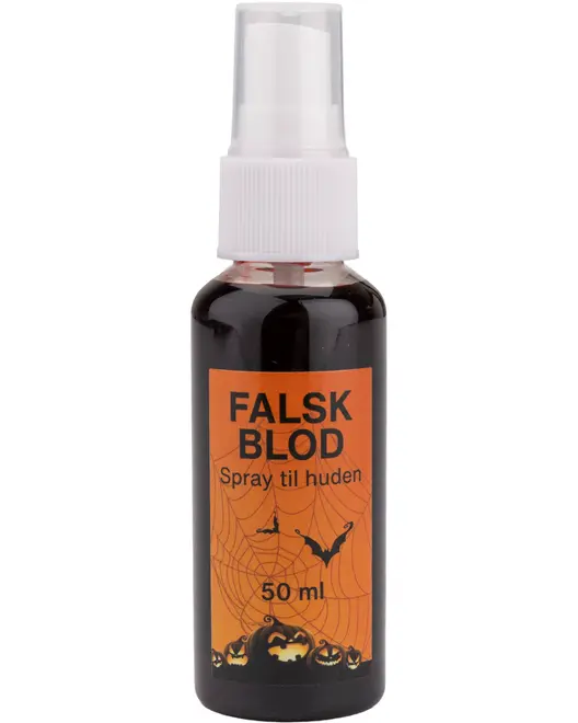 Sprayflaske med 50 ml falsk blod til huden, hvid pumpe, orange Halloween-etiket med flagermus, spindelvæv og græskar. Perfekt til udklædning og specialeffekter.