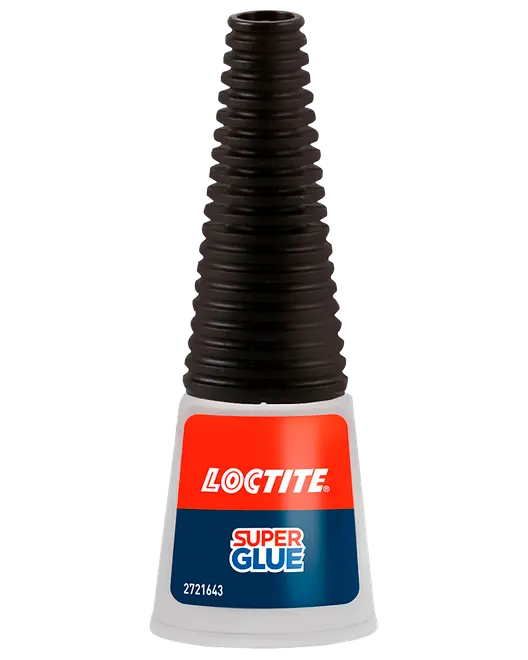 Loctite Super Glue-flaske med sort rillet skruelåg og rød-blå etiket.