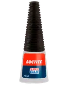 Loctite Super Glue-flaske med sort rillet skruelåg og rød-blå etiket.