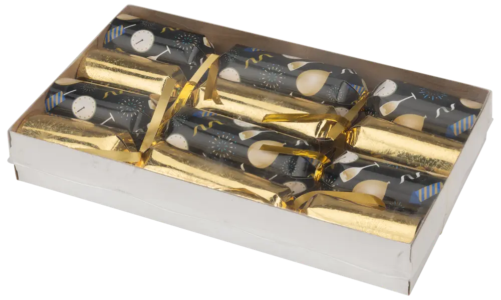 Ask med sex festliga smällkarameller med svart och guld design, dekorerade med klockor, champagneglas och konfetti. Varje smällkaramell har glansiga guldfolieslut.