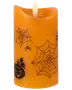Orange LED-ljus med svarta Halloweenmotiv, inklusive spindelnät, spindlar och pumpa. Realistisk lågeffekt. Perfekt för festlig, kuslig dekoration.