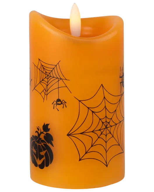 Orange LED-ljus med svarta Halloweenmotiv, inklusive spindelnät, spindlar och pumpa. Realistisk lågeffekt. Perfekt för festlig, kuslig dekoration.