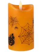 Orange LED-ljus med svarta Halloweenmotiv, inklusive spindelnät, spindlar och pumpa. Realistisk lågeffekt. Perfekt för festlig, kuslig dekoration.