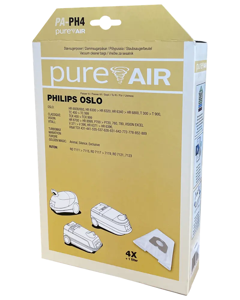 Förpackning med Pure Air dammsugarpåsar för Philips Oslo-modeller, innehåller 4 påsar och 1 filter, kompatibel med flera Philips dammsugare, kompatibla modeller visas på förpackningen.