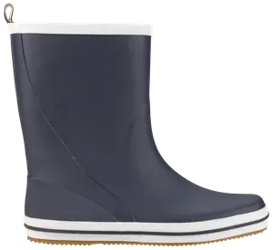 Marineblå gummistøvle med hvid kant foroven og på sålen, mellemhøj skaft, tekstureret hæl og strop bagpå for nem påtagning. Vandtæt og skridsikker.