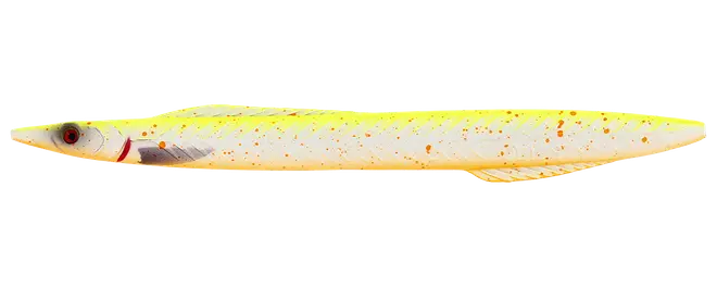 Lang slank fiskelokke som minnow med gennemsigtig hvid krop, gule og orange prikker, rødt øje og realistisk finne.