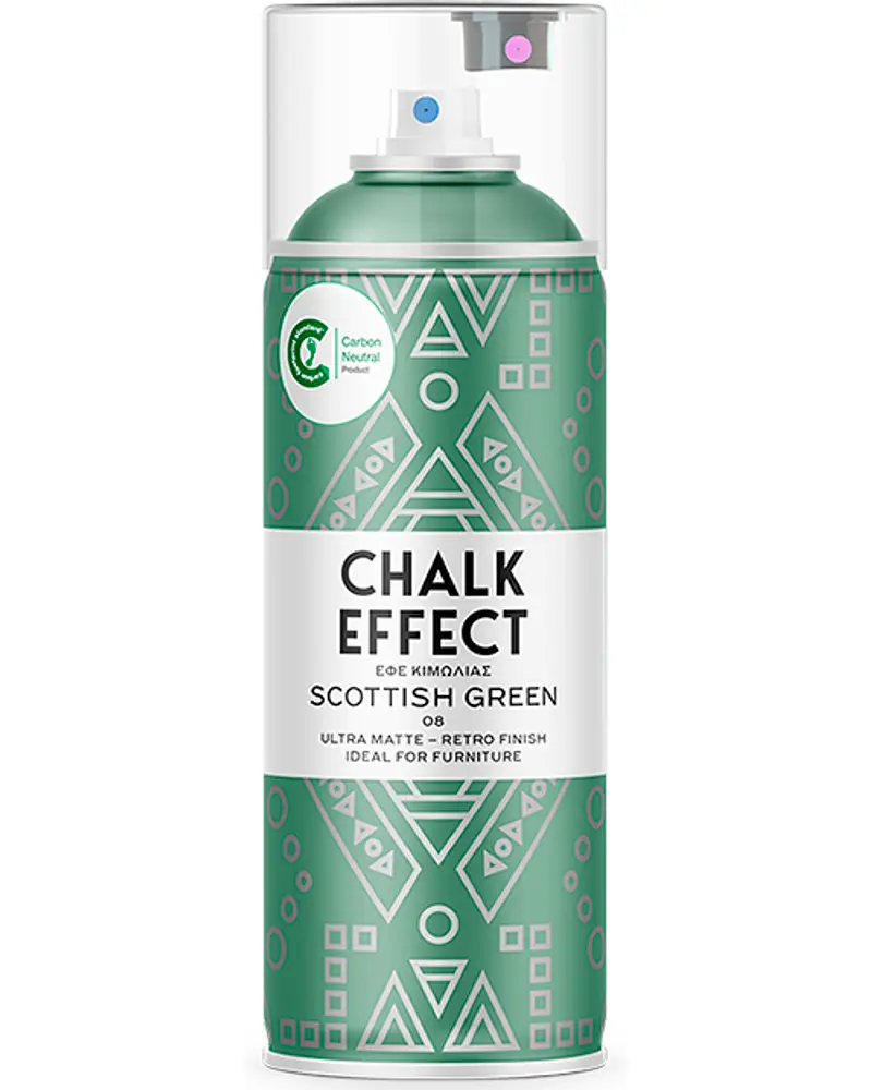 Scottish Green kalk-effekt spraymaling, ultra mat retro finish, ideel til møbler. 400 ml spraydåse med geometrisk grøn og hvidt design, CO2-neutral produktmærke på emballagen.