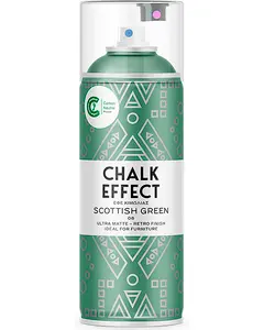 Scottish Green kalk-effekt spraymaling, ultra mat retro finish, ideel til møbler. 400 ml spraydåse med geometrisk grøn og hvidt design, CO2-neutral produktmærke på emballagen.