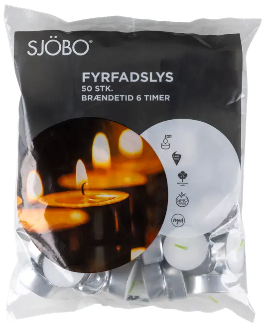 Pose med 50 SJÖBO fyrfadslys i sølvfarvede metalholdere. Brændetid 6 timer. Velegnet til veganere, GMO-fri og uden palmeolie.