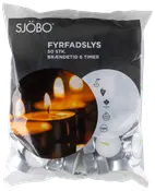 Pose med 50 SJÖBO fyrfadslys i sølvfarvede metalholdere. Brændetid 6 timer. Velegnet til veganere, GMO-fri og uden palmeolie.