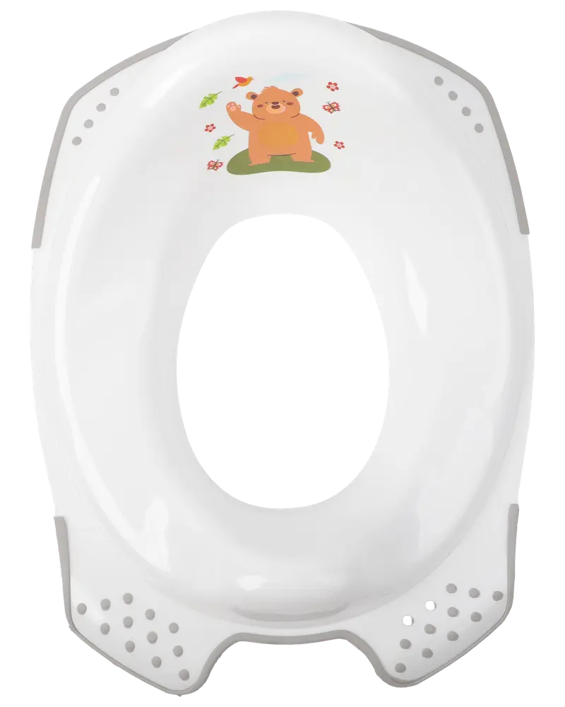 Hvid plastik børnetoiletsæde med skridsikre greb, ventilationshuller og sødt bjørnemotiv med blomster og sommerfugl. Velegnet til pottetræning og nem rengøring.