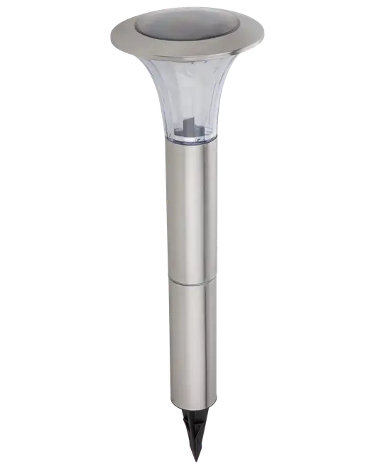 Solcellsdriven trädgårdslampa i rostfritt stål med klar plastskärm, rund topp och spetsig markspets. Väderbeständig för utomhusbelysning av gångar och trädgårdar.