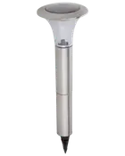 Solcellsdriven trädgårdslampa i rostfritt stål med klar plastskärm, rund topp och spetsig markspets. Väderbeständig för utomhusbelysning av gångar och trädgårdar.